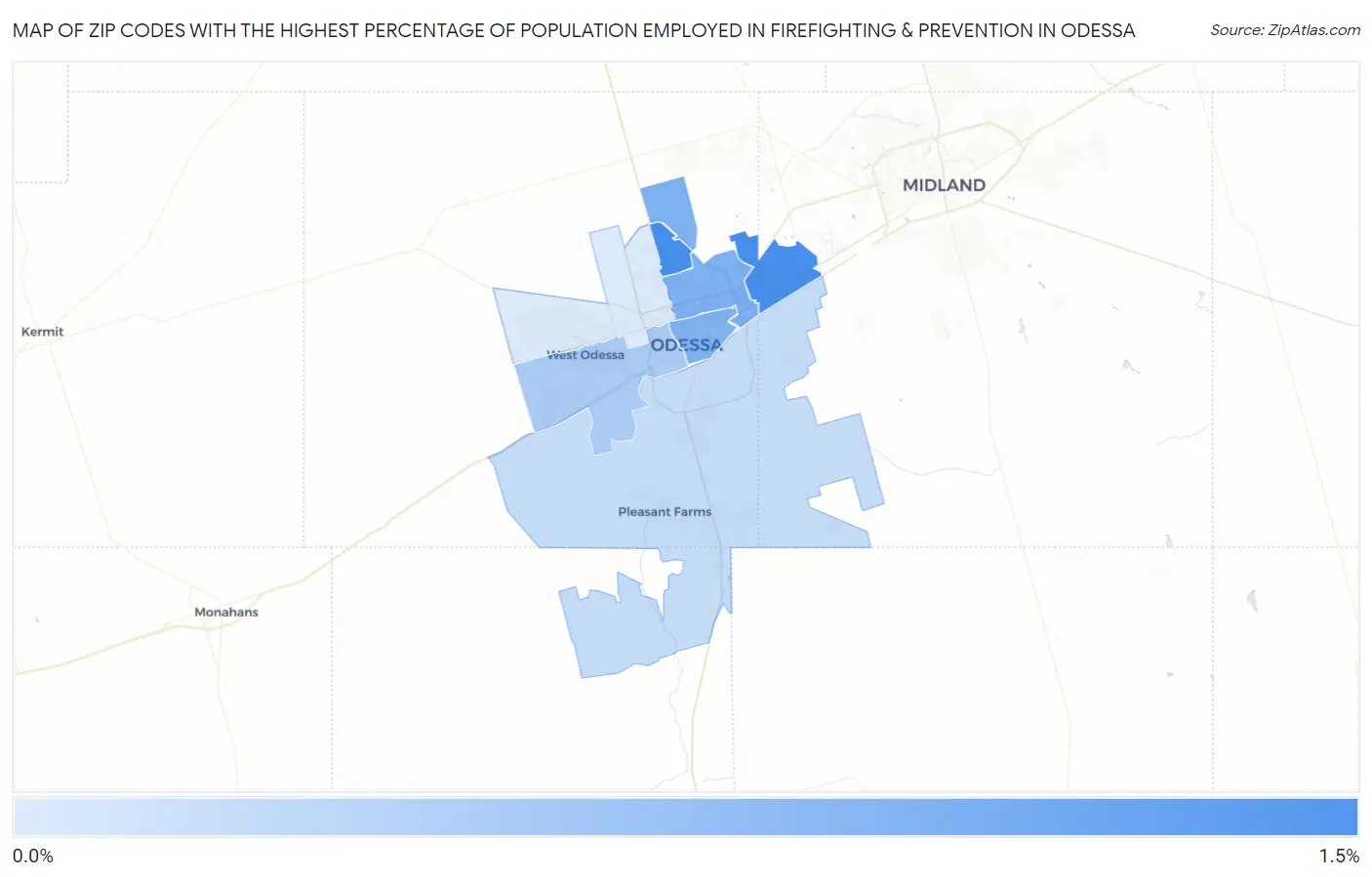 Zip Codes with the Highest Percentage of Population Employed in Firefighting & Prevention in Odessa Map