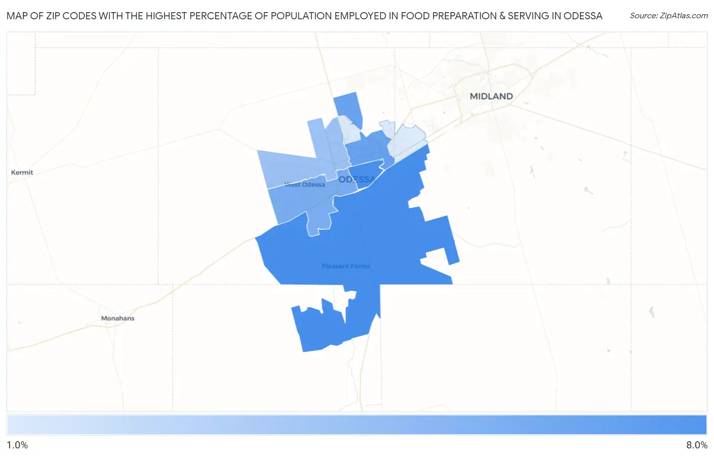 Zip Codes with the Highest Percentage of Population Employed in Food Preparation & Serving in Odessa Map