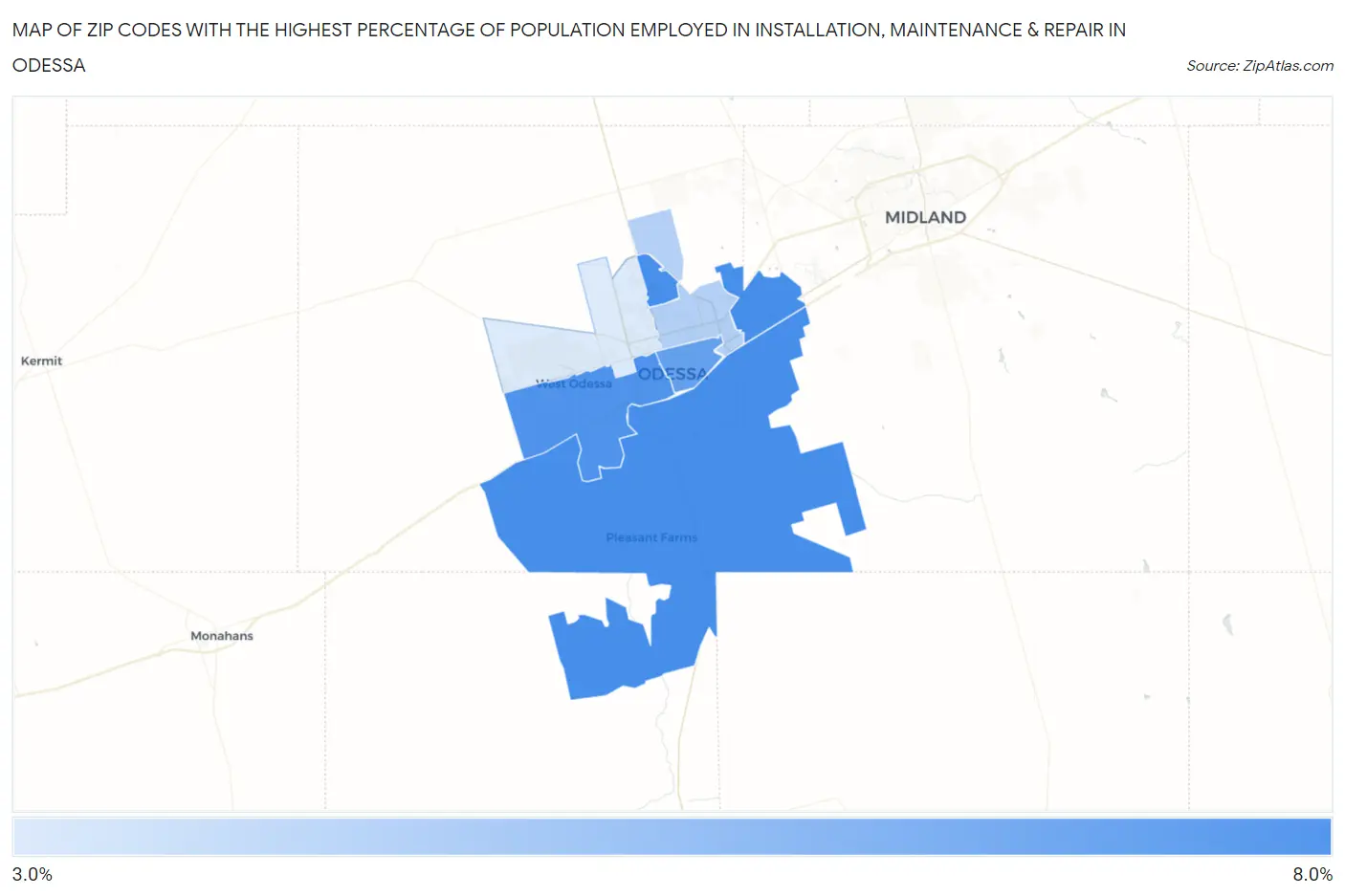 Zip Codes with the Highest Percentage of Population Employed in Installation, Maintenance & Repair in Odessa Map