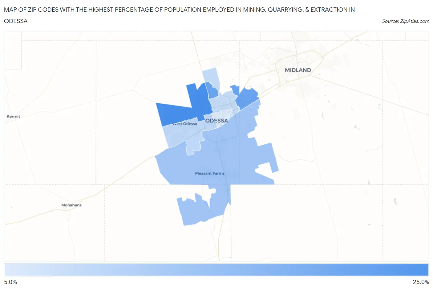 Zip Codes with the Highest Percentage of Population Employed in Mining, Quarrying, & Extraction in Odessa Map