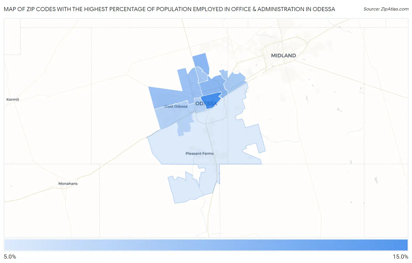 Zip Codes with the Highest Percentage of Population Employed in Office & Administration in Odessa Map