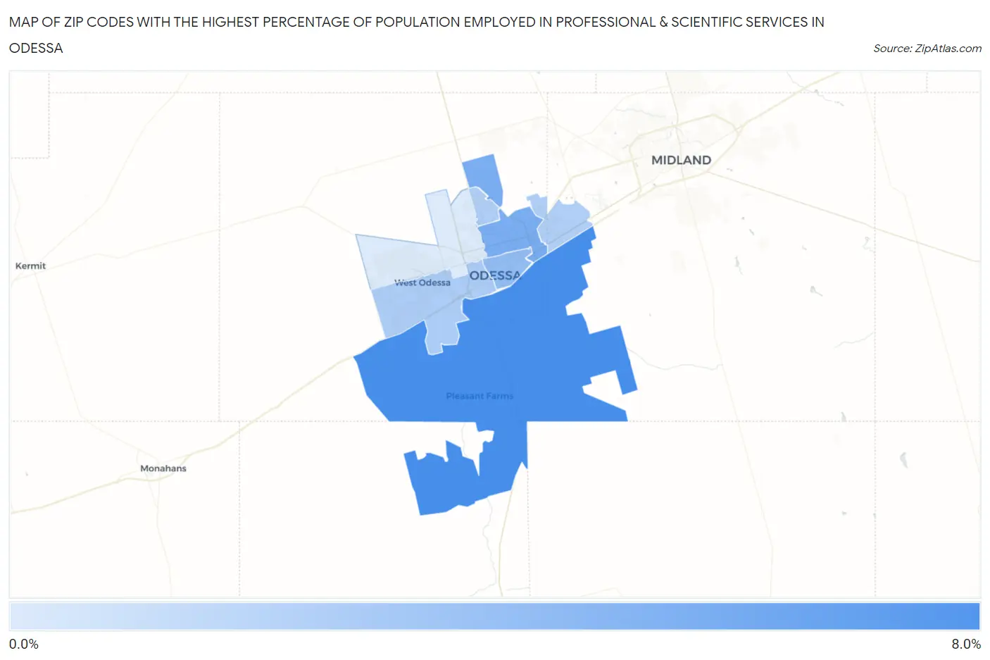 Zip Codes with the Highest Percentage of Population Employed in Professional & Scientific Services in Odessa Map