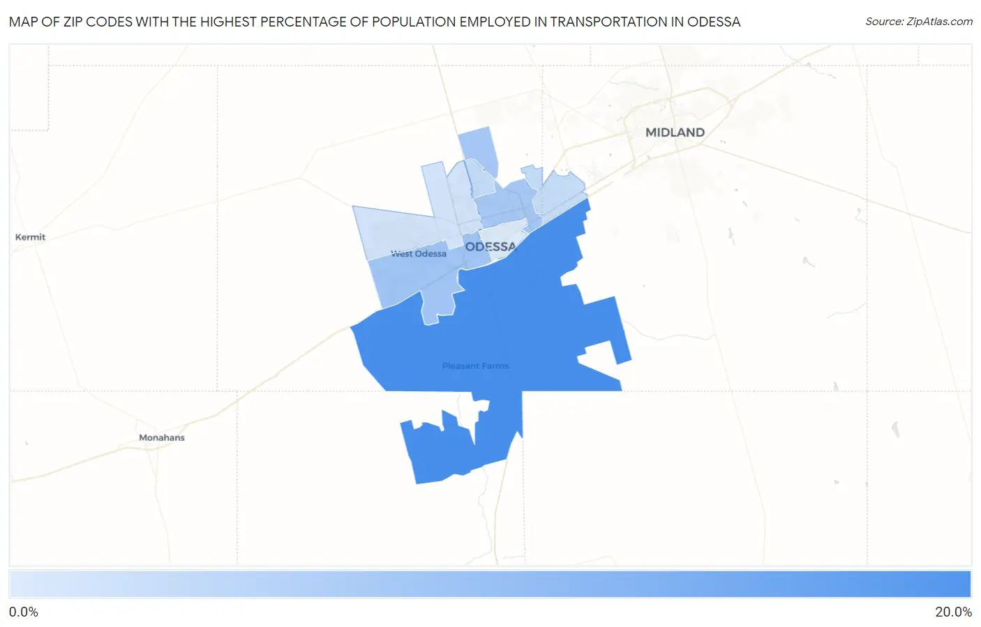 Zip Codes with the Highest Percentage of Population Employed in Transportation in Odessa Map