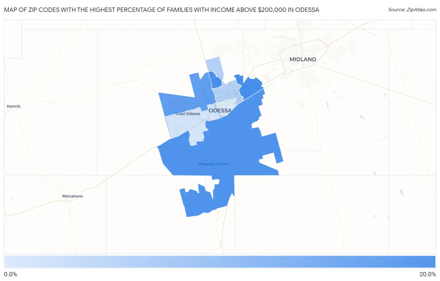 Zip Codes with the Highest Percentage of Families with Income Above $200,000 in Odessa Map