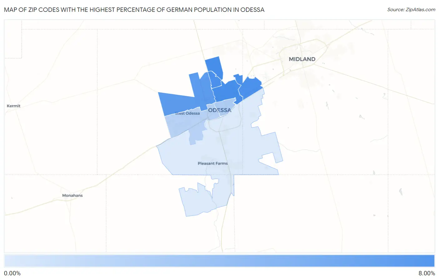 Zip Codes with the Highest Percentage of German Population in Odessa Map
