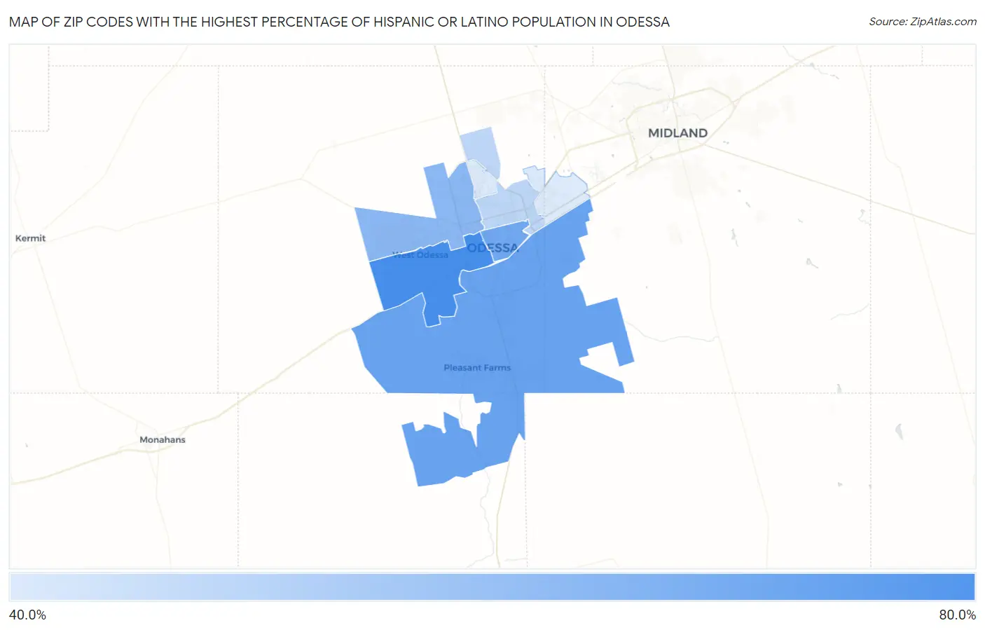 Zip Codes with the Highest Percentage of Hispanic or Latino Population in Odessa Map