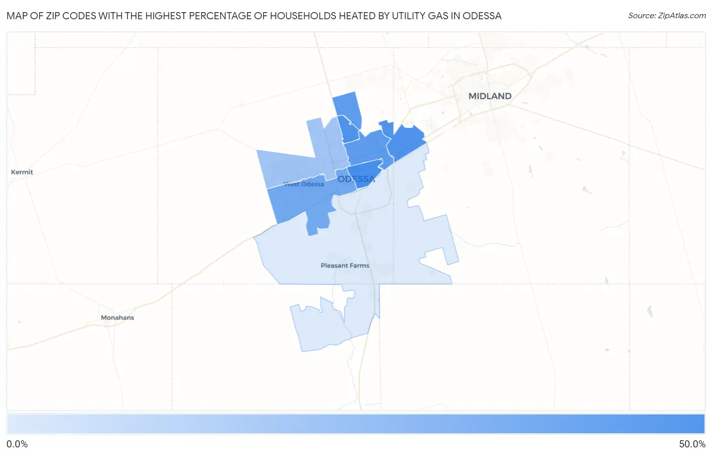 Zip Codes with the Highest Percentage of Households Heated by Utility Gas in Odessa Map