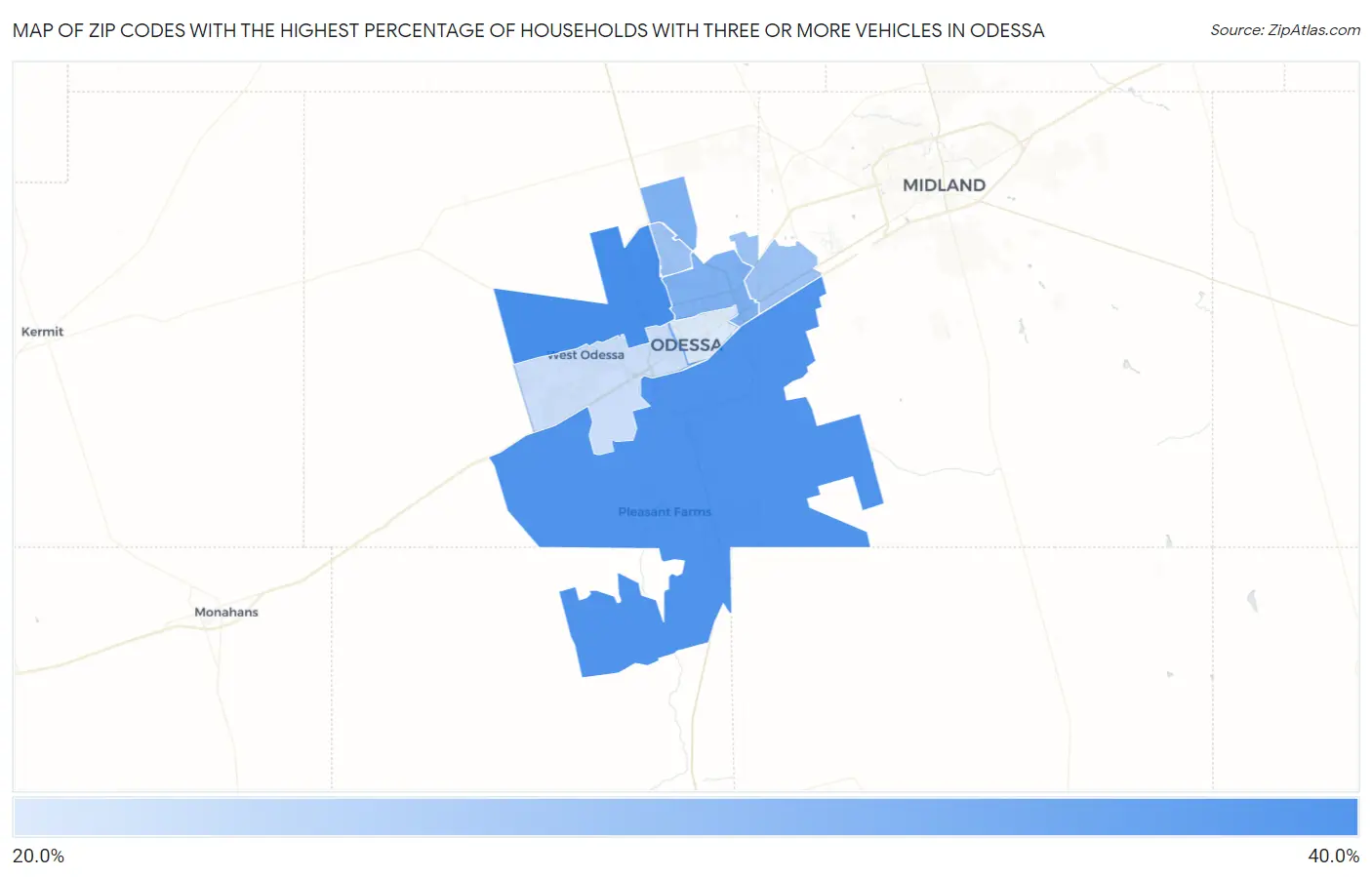 Zip Codes with the Highest Percentage of Households With Three or more Vehicles in Odessa Map