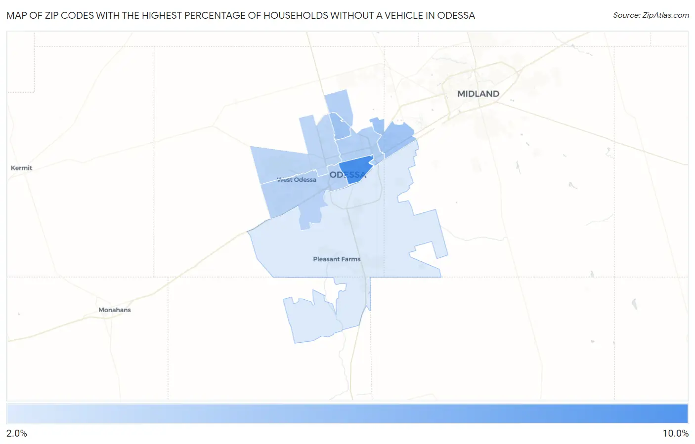 Zip Codes with the Highest Percentage of Households Without a Vehicle in Odessa Map