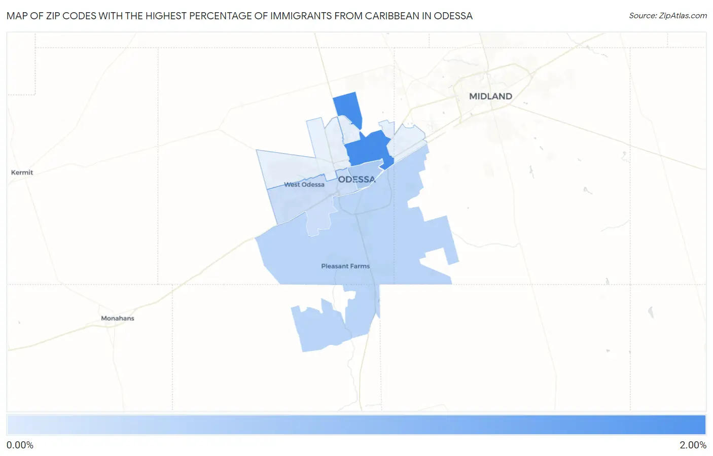 Zip Codes with the Highest Percentage of Immigrants from Caribbean in Odessa Map