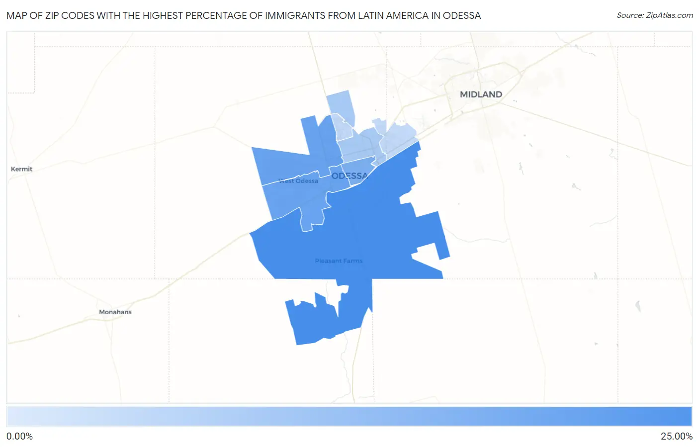 Zip Codes with the Highest Percentage of Immigrants from Latin America in Odessa Map