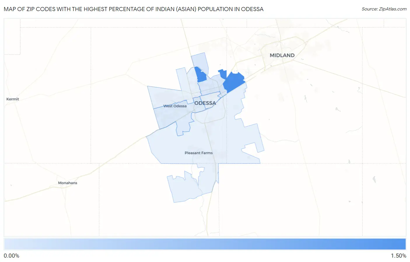 Zip Codes with the Highest Percentage of Indian (Asian) Population in Odessa Map