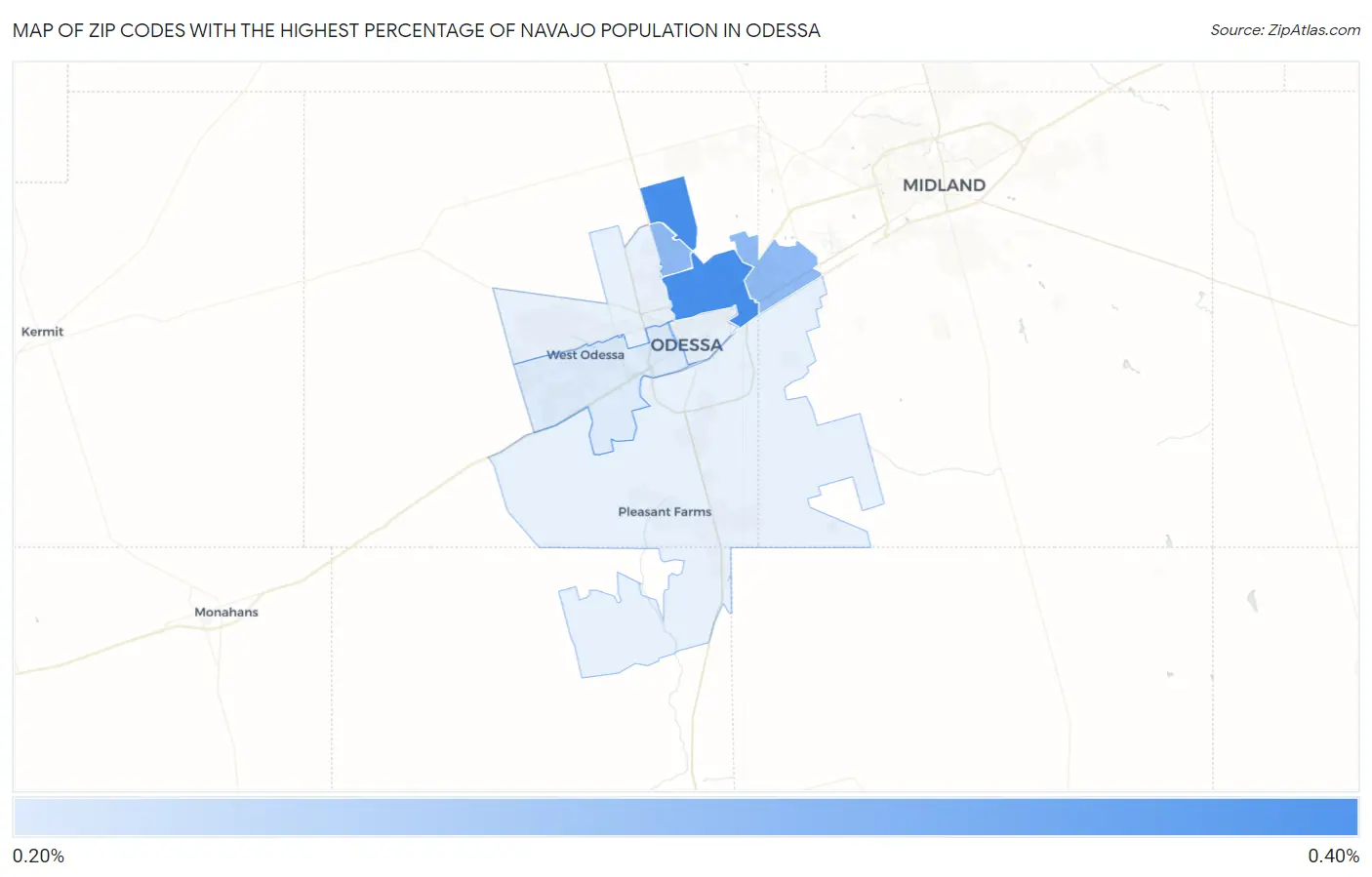 Zip Codes with the Highest Percentage of Navajo Population in Odessa Map