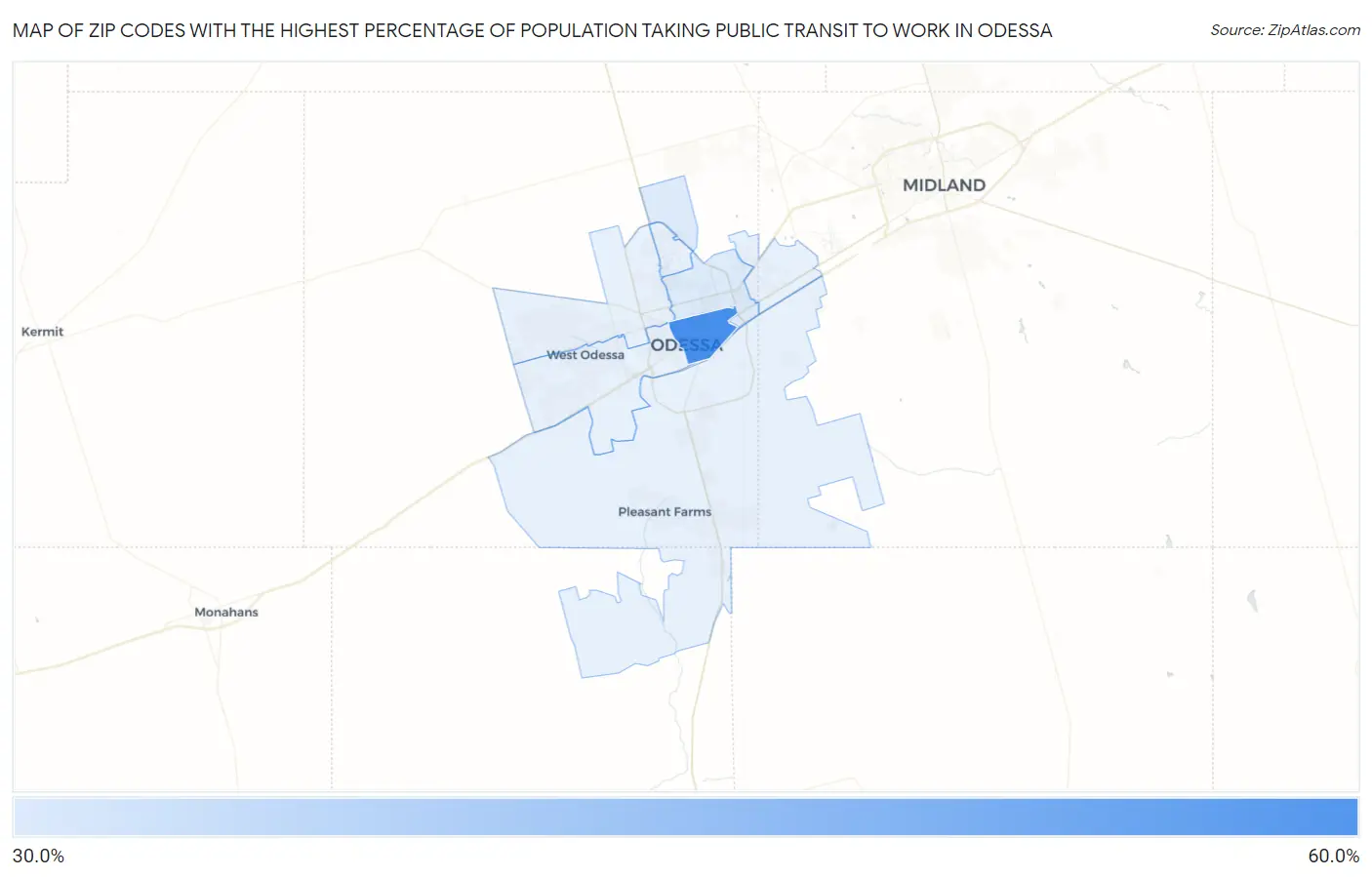 Zip Codes with the Highest Percentage of Population Taking Public Transit to Work in Odessa Map