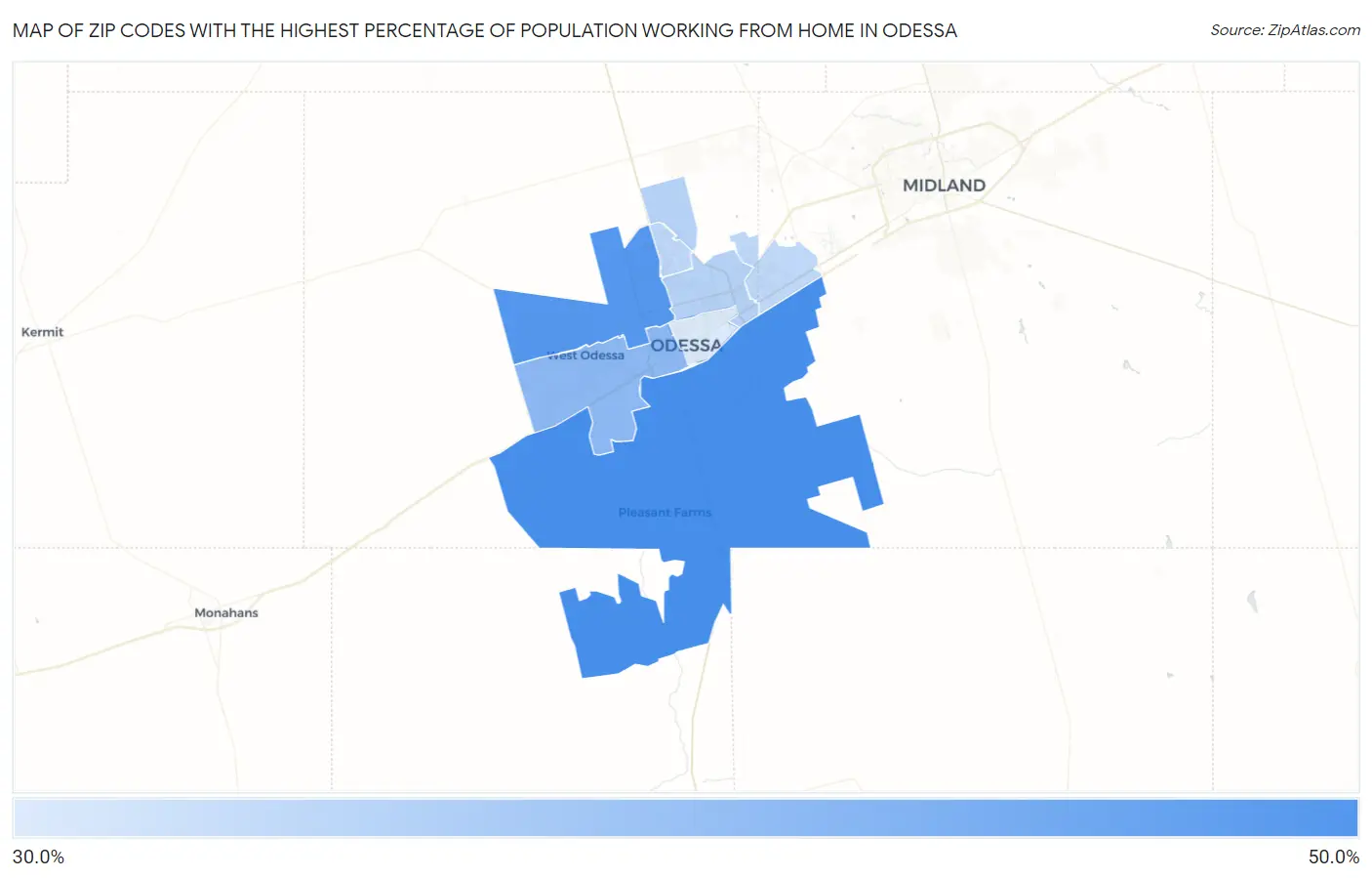Zip Codes with the Highest Percentage of Population Working from Home in Odessa Map