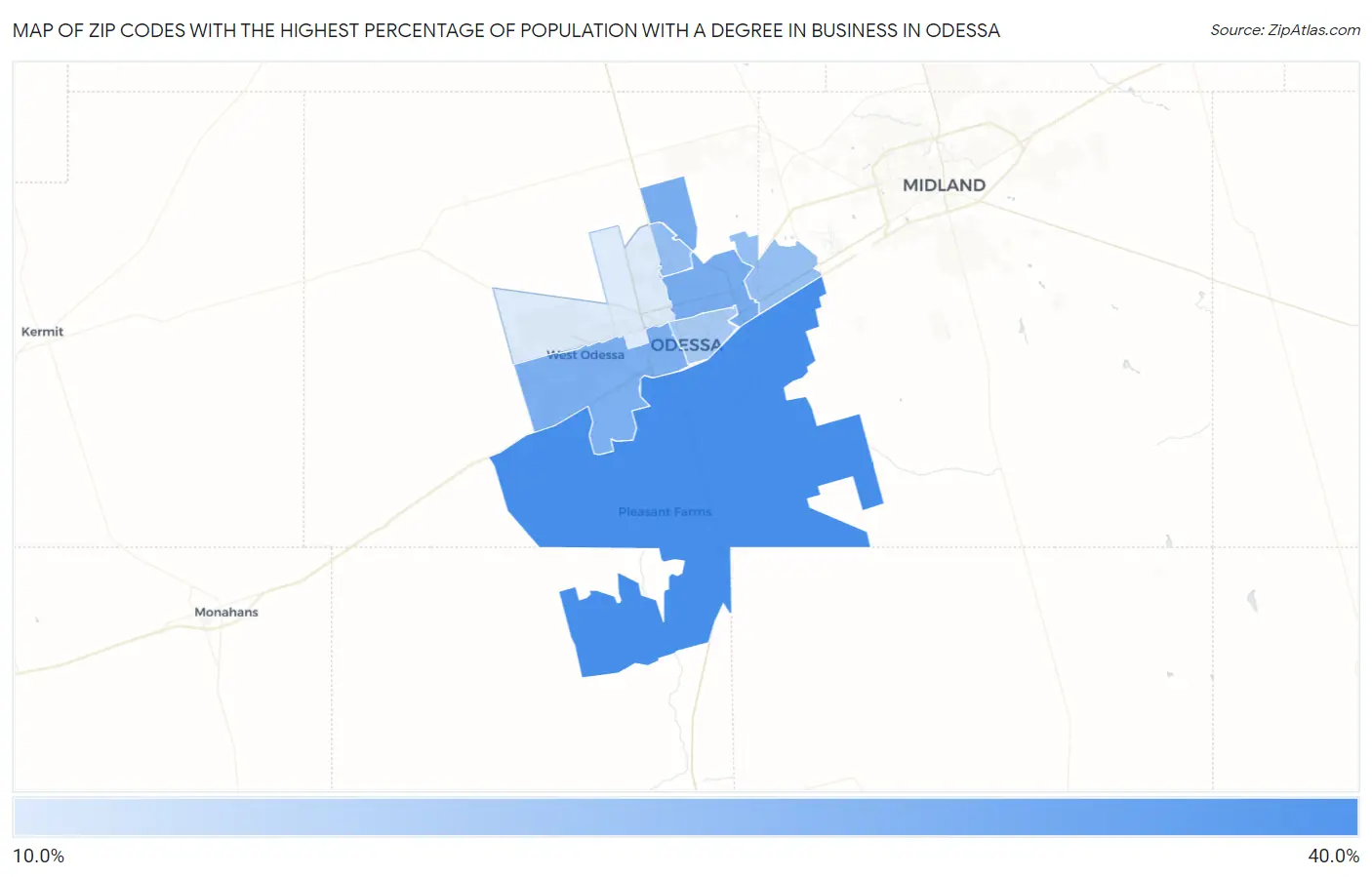 Zip Codes with the Highest Percentage of Population with a Degree in Business in Odessa Map