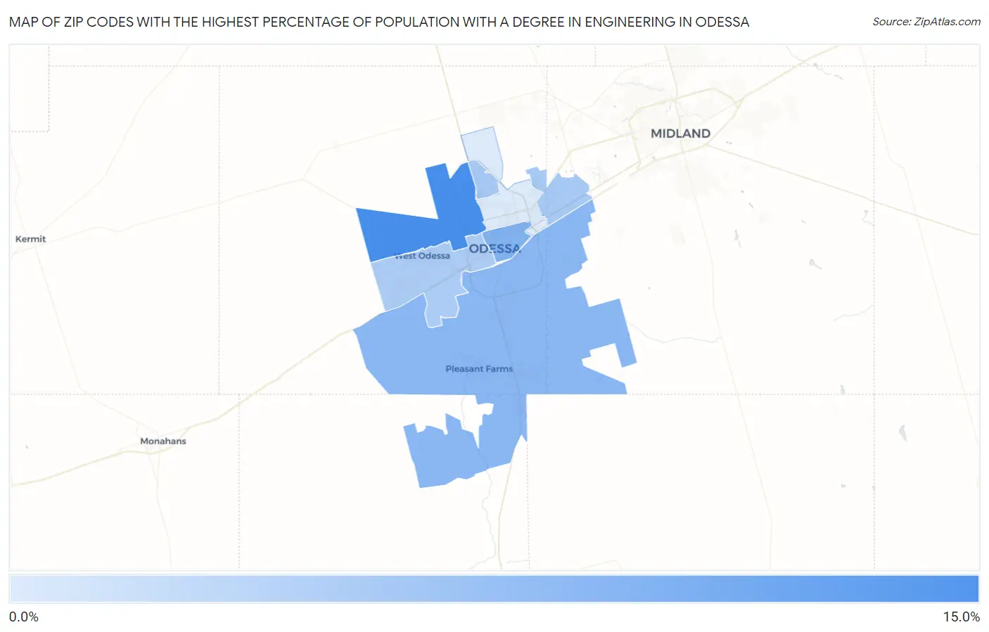 Zip Codes with the Highest Percentage of Population with a Degree in Engineering in Odessa Map