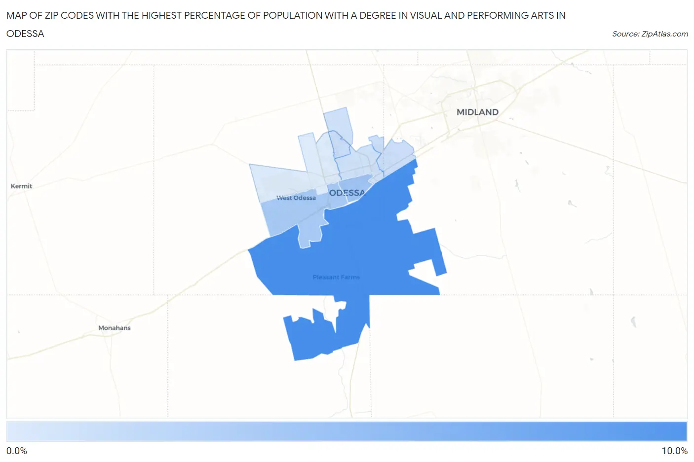 Zip Codes with the Highest Percentage of Population with a Degree in Visual and Performing Arts in Odessa Map