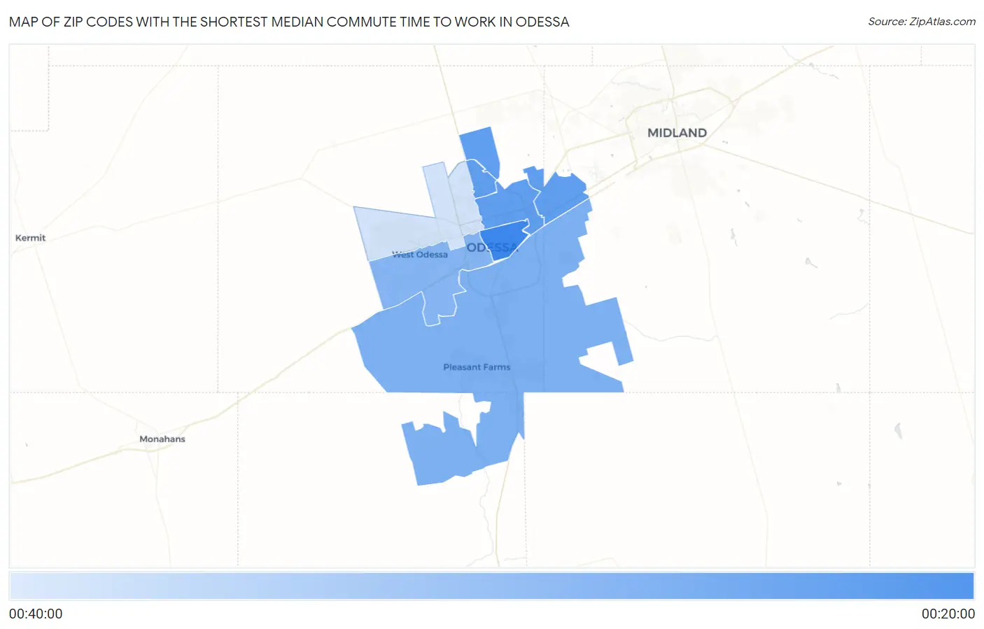 Zip Codes with the Shortest Median Commute Time to Work in Odessa Map