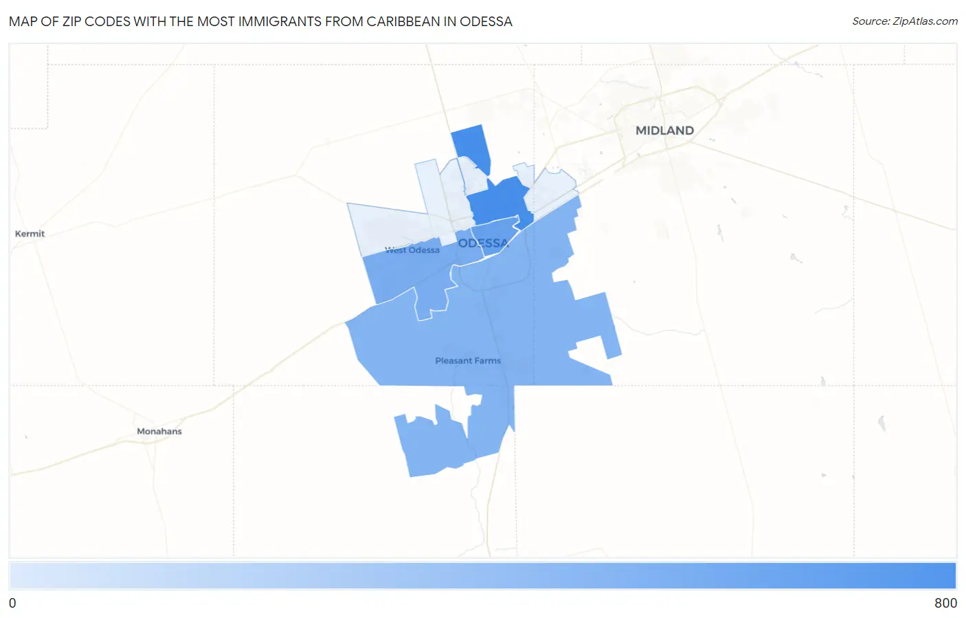 Zip Codes with the Most Immigrants from Caribbean in Odessa Map