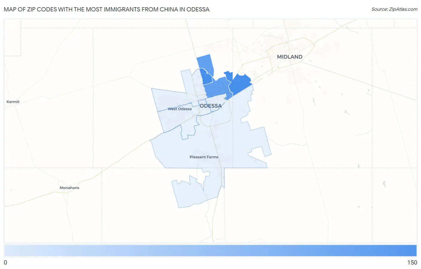 Zip Codes with the Most Immigrants from China in Odessa Map