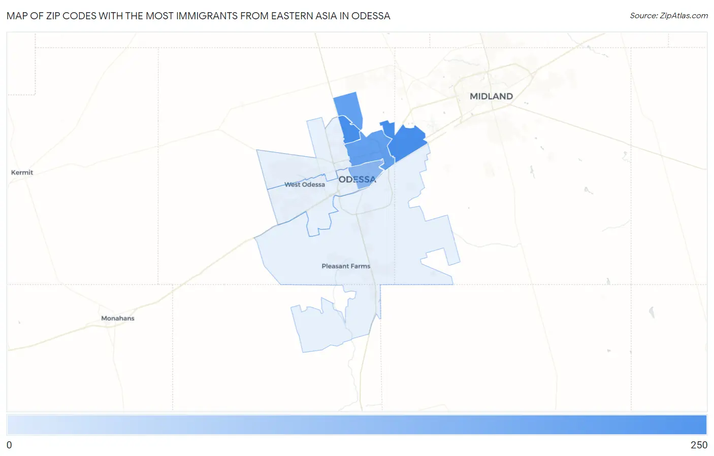 Zip Codes with the Most Immigrants from Eastern Asia in Odessa Map
