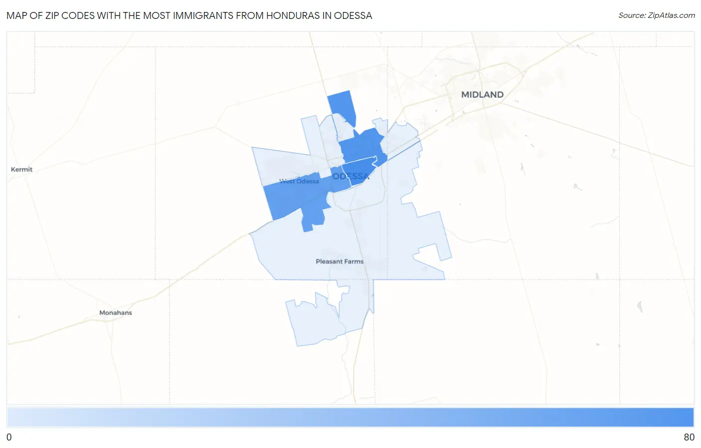 Zip Codes with the Most Immigrants from Honduras in Odessa Map
