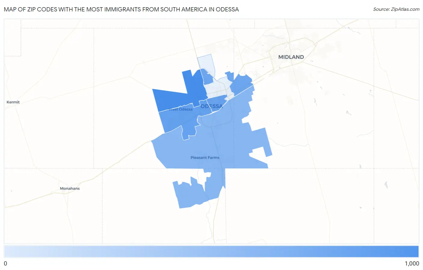 Zip Codes with the Most Immigrants from South America in Odessa Map