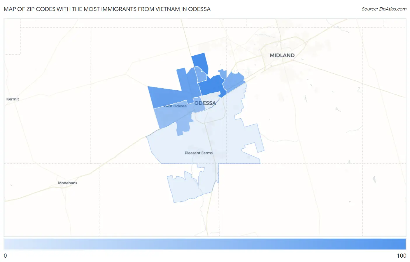 Zip Codes with the Most Immigrants from Vietnam in Odessa Map
