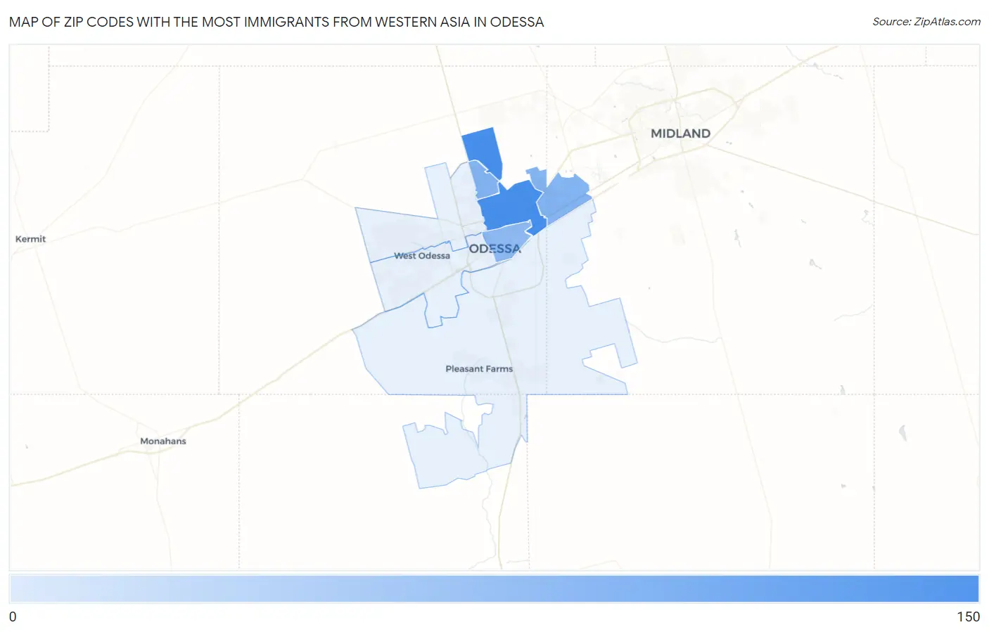 Zip Codes with the Most Immigrants from Western Asia in Odessa Map
