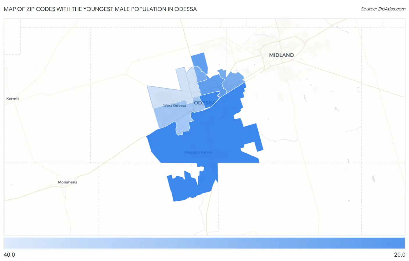 Zip Codes with the Youngest Male Population in Odessa Map