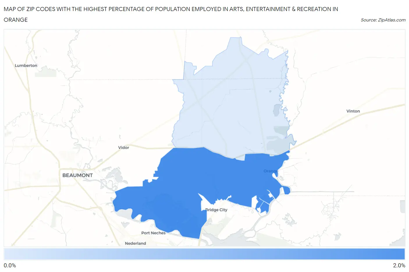 Zip Codes with the Highest Percentage of Population Employed in Arts, Entertainment & Recreation in Orange Map