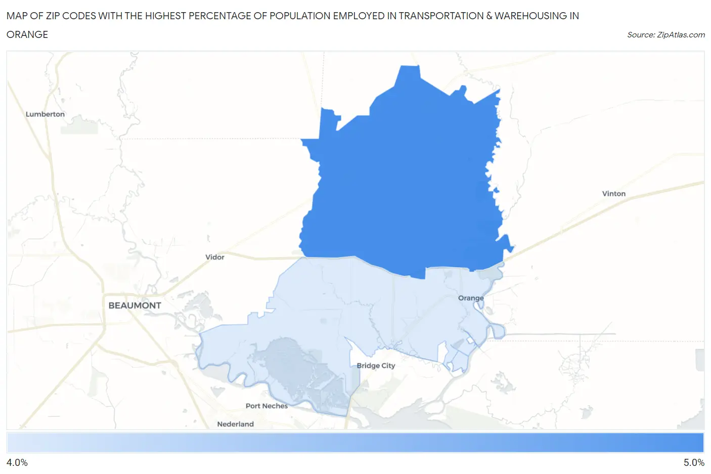 Zip Codes with the Highest Percentage of Population Employed in Transportation & Warehousing in Orange Map