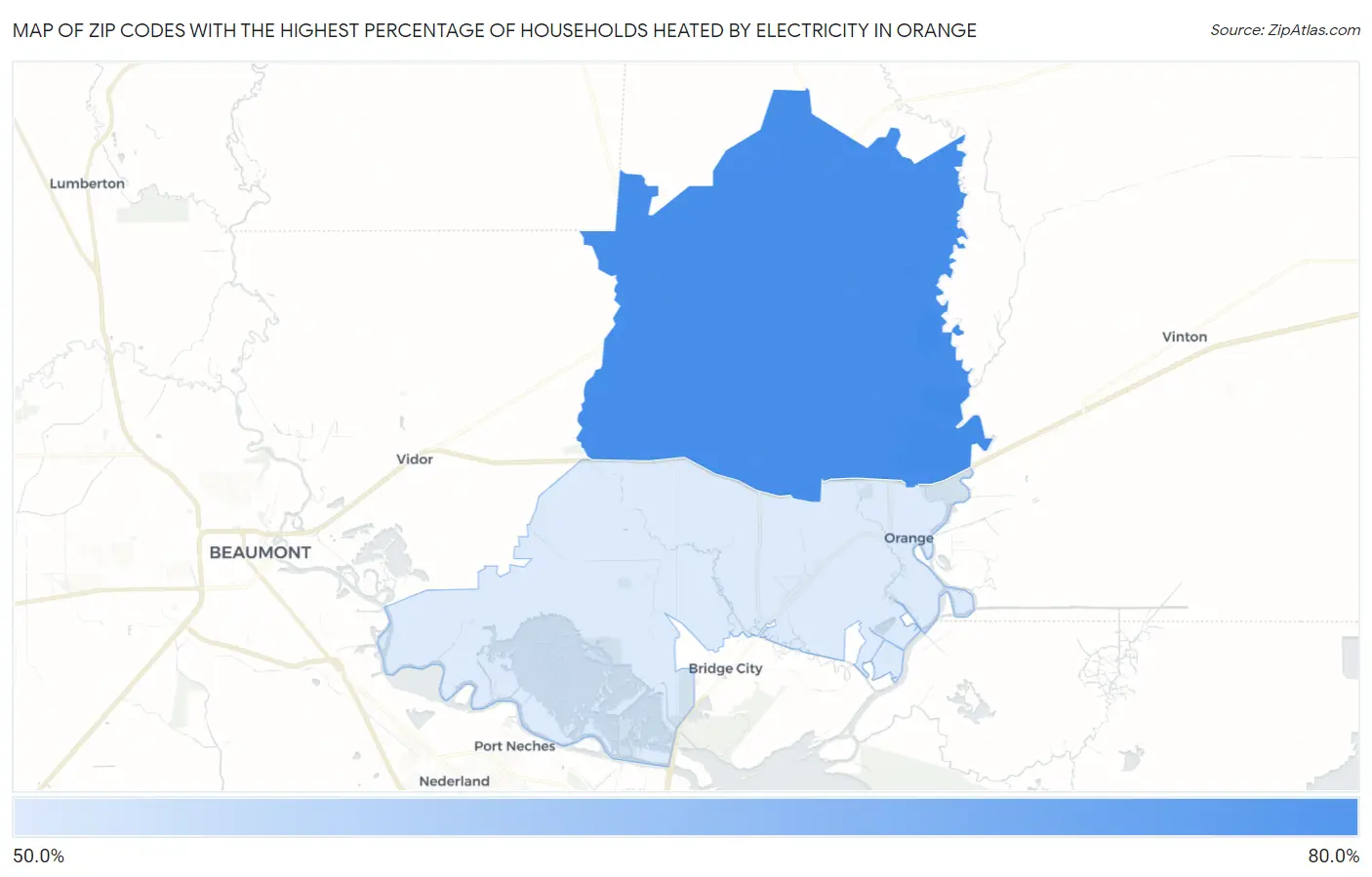 Zip Codes with the Highest Percentage of Households Heated by Electricity in Orange Map
