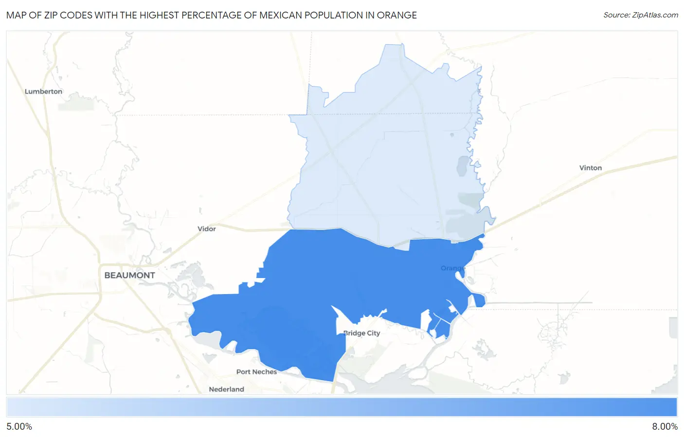 Zip Codes with the Highest Percentage of Mexican Population in Orange Map