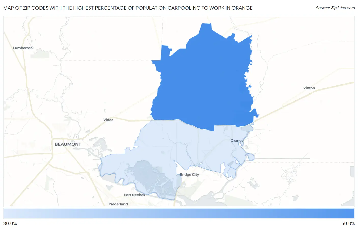 Zip Codes with the Highest Percentage of Population Carpooling to Work in Orange Map