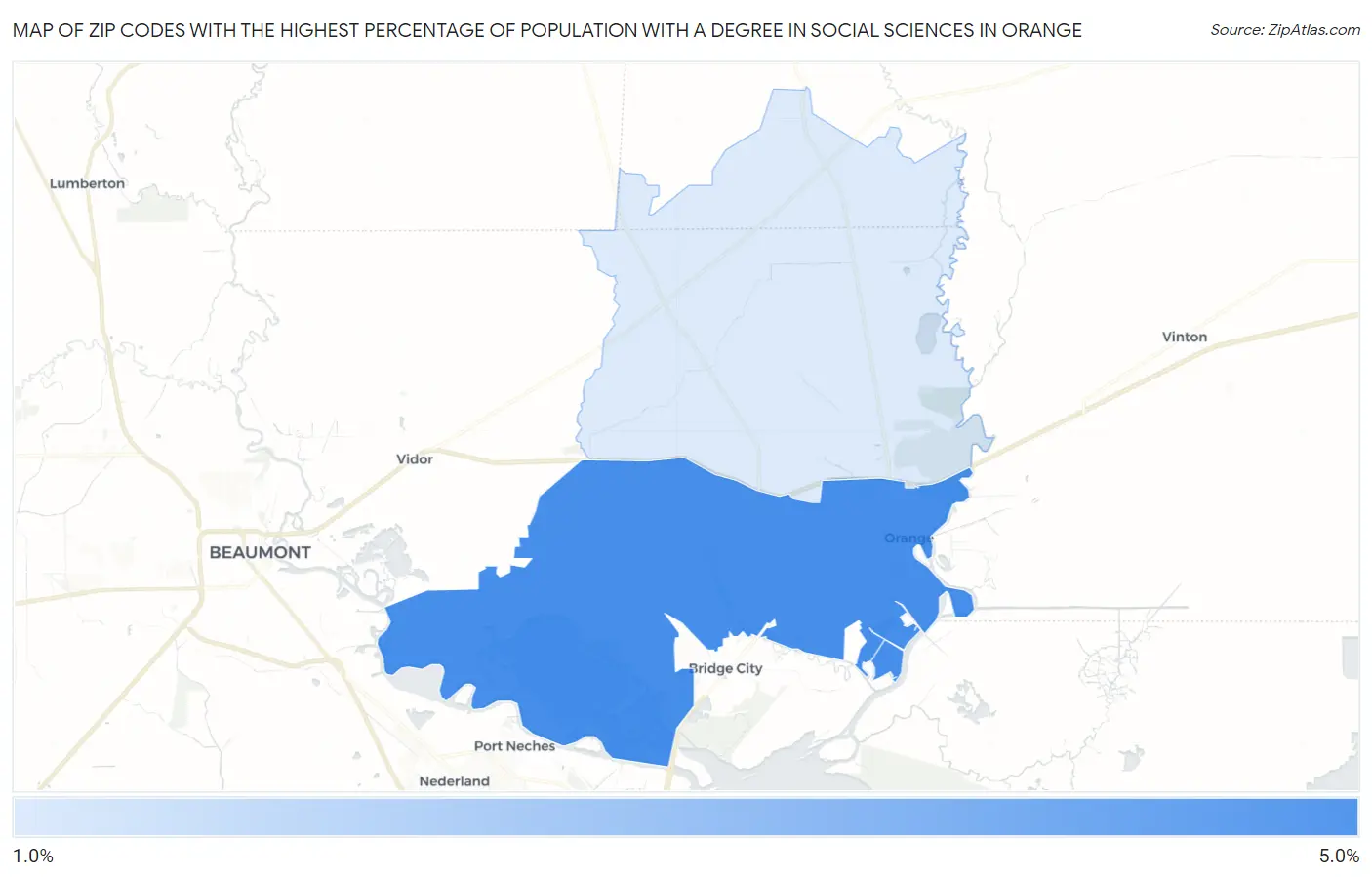 Zip Codes with the Highest Percentage of Population with a Degree in Social Sciences in Orange Map