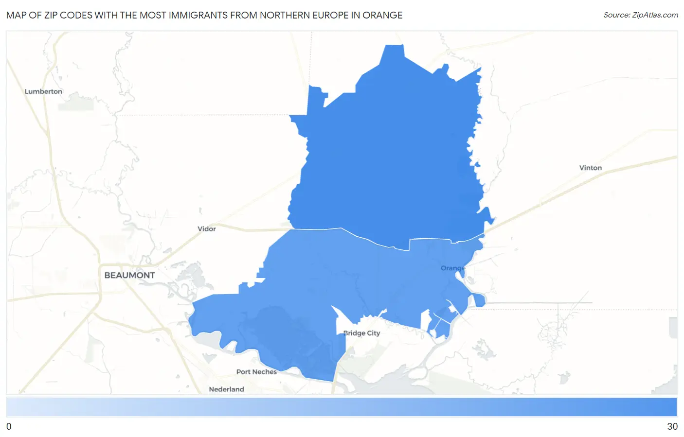 Zip Codes with the Most Immigrants from Northern Europe in Orange Map