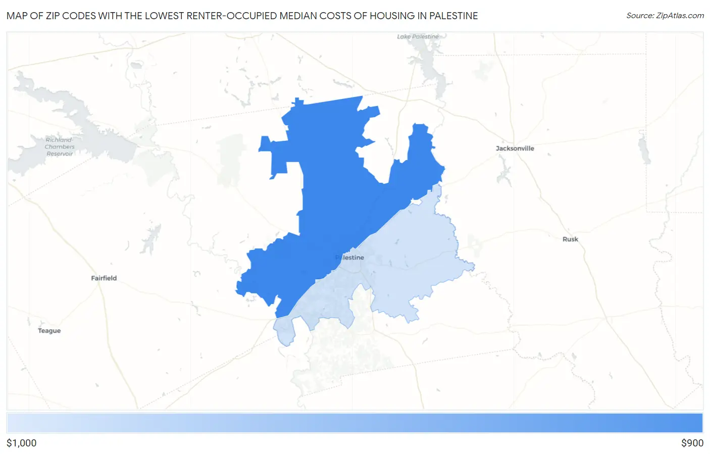 Zip Codes with the Lowest Renter-Occupied Median Costs of Housing in Palestine Map