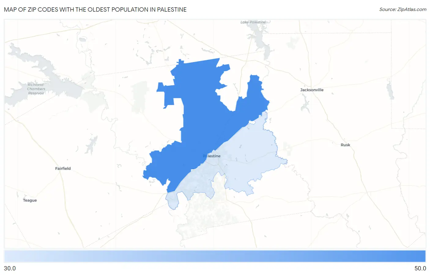 Zip Codes with the Oldest Population in Palestine Map