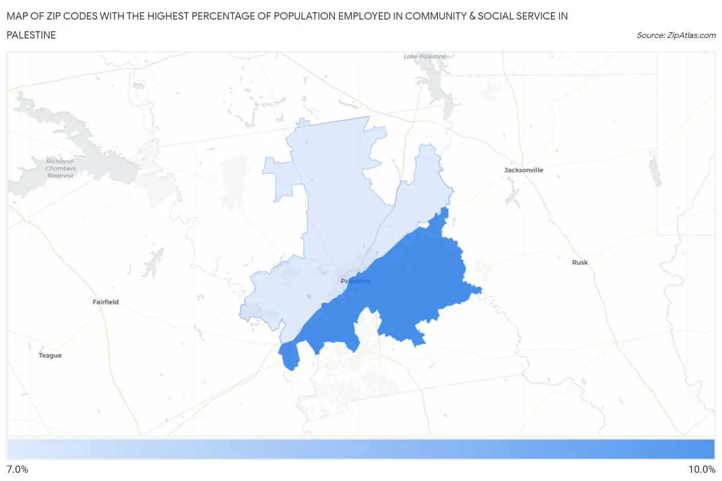 Zip Codes with the Highest Percentage of Population Employed in Community & Social Service  in Palestine Map