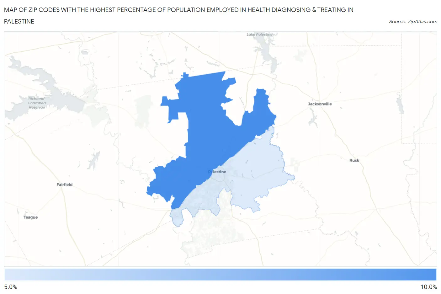 Zip Codes with the Highest Percentage of Population Employed in Health Diagnosing & Treating in Palestine Map