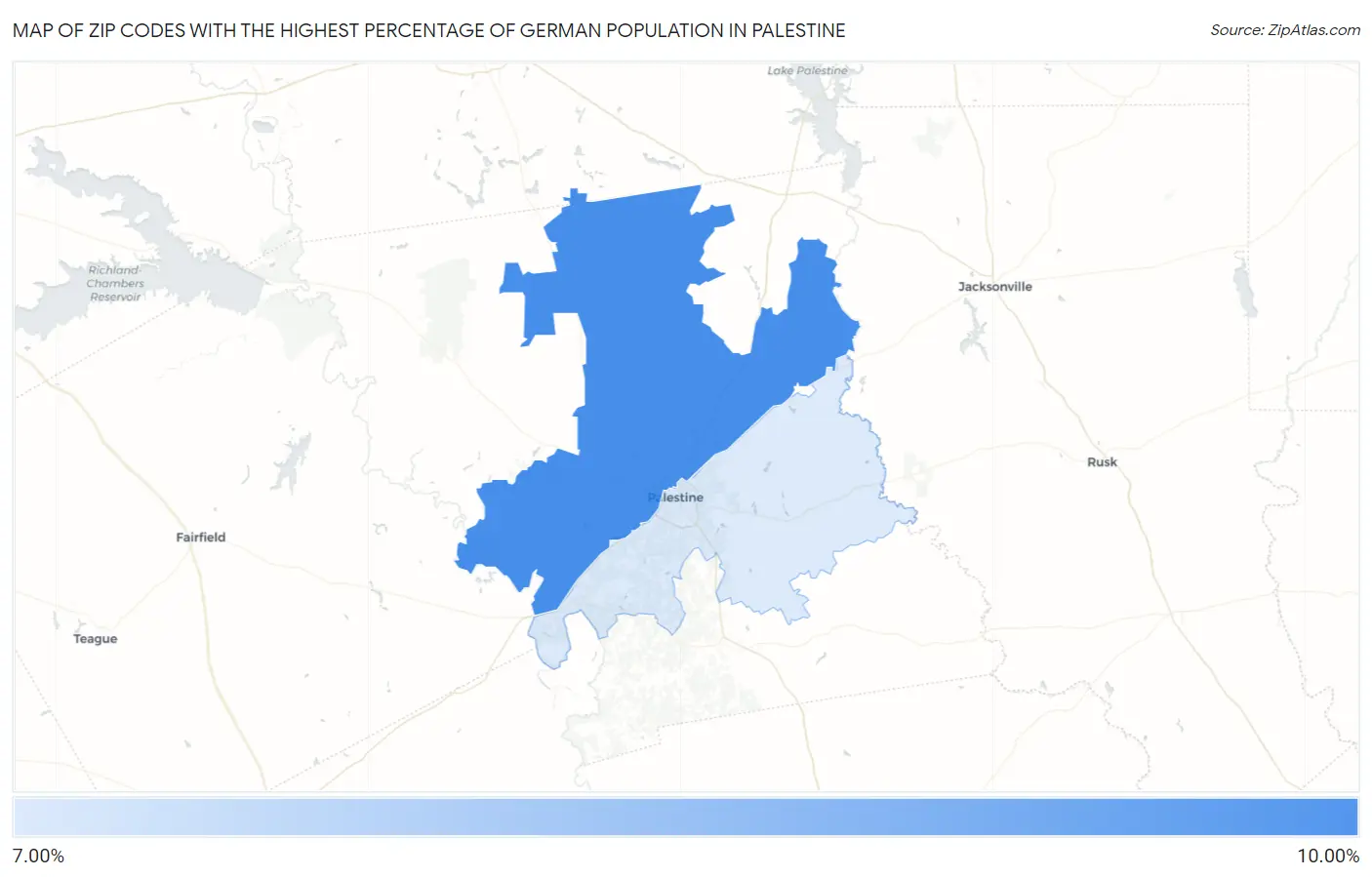 Zip Codes with the Highest Percentage of German Population in Palestine Map
