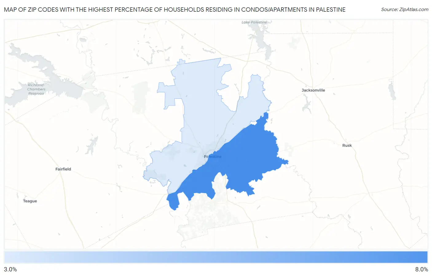 Zip Codes with the Highest Percentage of Households Residing in Condos/Apartments in Palestine Map