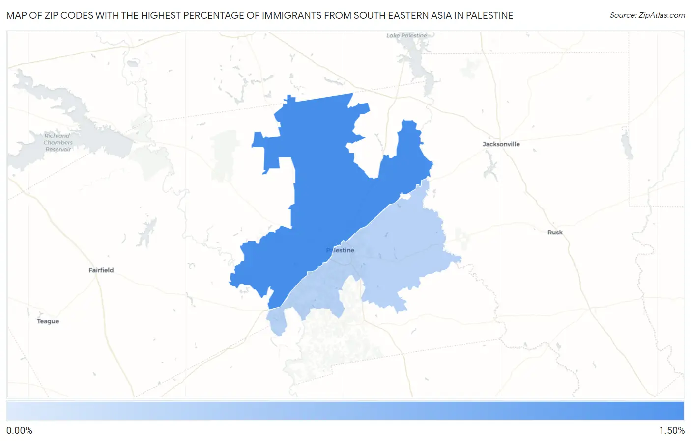 Zip Codes with the Highest Percentage of Immigrants from South Eastern Asia in Palestine Map