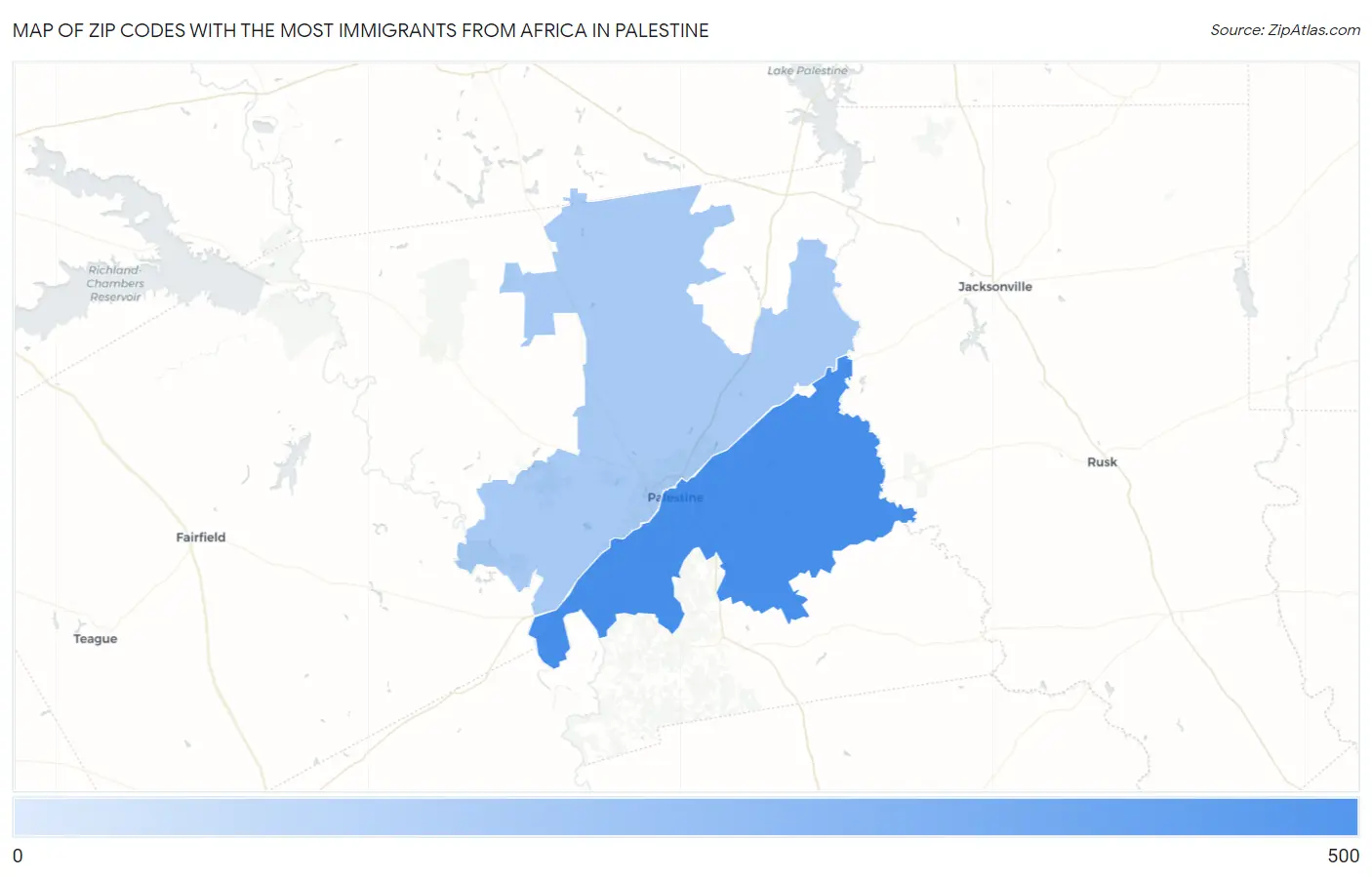 Zip Codes with the Most Immigrants from Africa in Palestine Map