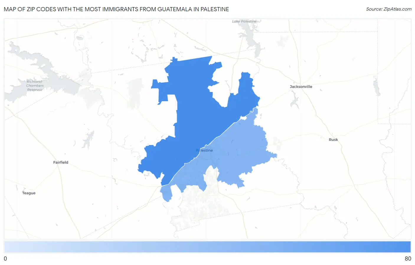Zip Codes with the Most Immigrants from Guatemala in Palestine Map