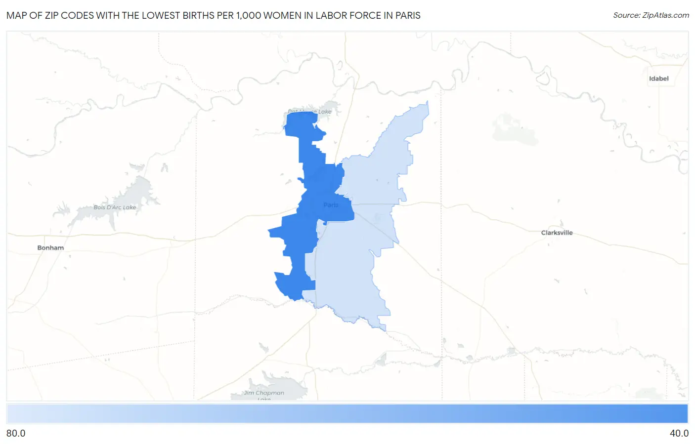Zip Codes with the Lowest Births per 1,000 Women in Labor Force in Paris Map