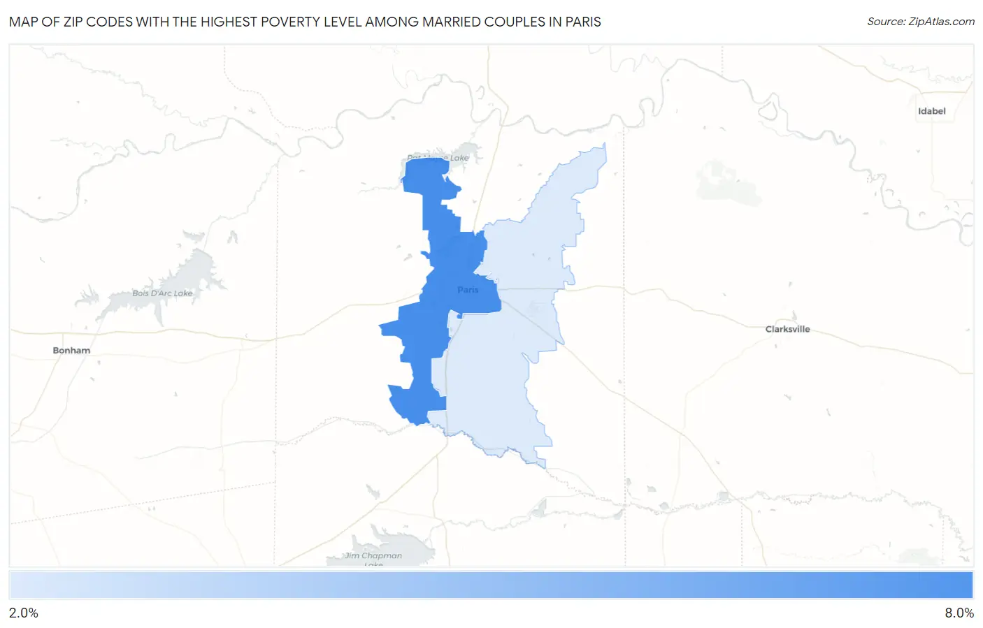 Zip Codes with the Highest Poverty Level Among Married Couples in Paris Map