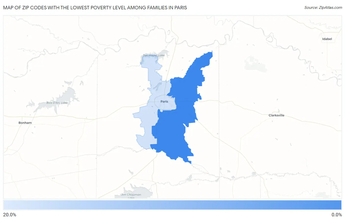 Zip Codes with the Lowest Poverty Level Among Families in Paris Map